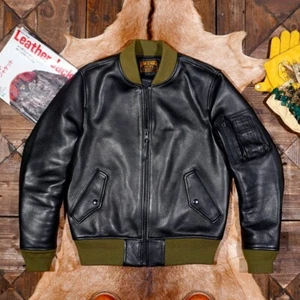 Mens Vintage Style Cowhide Veg-Tanned Leather Retro Flight Bomber Jacket MA1 - Bild 1 von 9