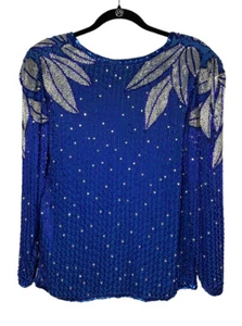 Vintage Blue & Silver Leaves 80s Sequence Pullover Top Long Sleeve Shoulder Pads - Picture 1 of 8