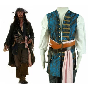 Pirates of The Caribbean 4 Jack Sparrow Cosplay Costume Halloween Blue Vest Only - Picture 1 of 6