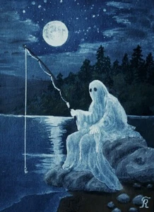 Ghost on fishing Halloween Fantasy Original ACEO with the author's signature - Picture 1 of 8