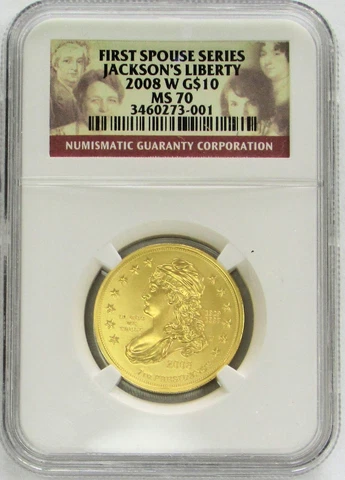 2008 W GOLD $10 JACKSON'S LIBERTY 1/2 oz SPOUSE SERIES COIN NGC MINT STATE 70 Cover