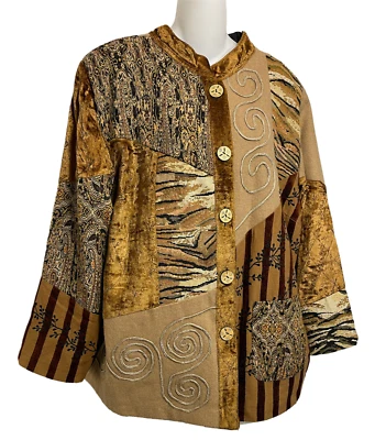 Indigo Moon Tapestry Jacket Plus Size 1X Brown Art to Wear Patchwork Button Up - Изображение 1 из 4