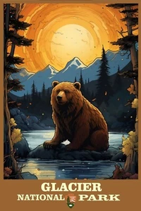 Glacier National Park Grizzly Bear Wildlife Art Print Travel Poster Large 16x24 - Picture 1 of 1