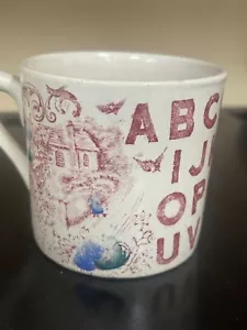 ANTIQUE 19TH C ABC CHILDS CUP VICTORIAN TRANSFERWARE DEER BIRDS MEADOW CRANBERRY - Picture 1 of 11