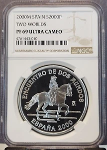 2000 SPAIN SILVER 2000 PESETAS MAN AND HIS HORSE NGC PF 69 ULTRA CAMEO TOP POP - Picture 1 of 3