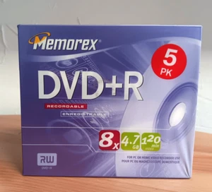Memorex DVD+R 5 Pack Recordable 8x 4.7GB 120Min Jewel Case PC Factory Sealed - Picture 1 of 2