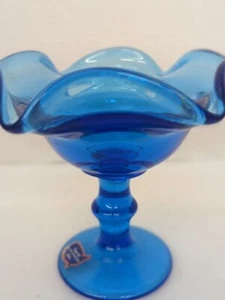 Plato de caramelo de vidrio imperial de colección compota borde ondulado pedestal pegatina azul americano  - Imagen 1 de 6