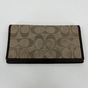 Coach Checkbook Cover Signature Tan/Brown Jacquard Fabric Leather Trim Wallet - Picture 1 of 6