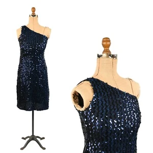 Vintage 70s Marshall Rousso Navy Blue Knit Metallic Sequin One Shoulder Dress XS - Picture 1 of 9