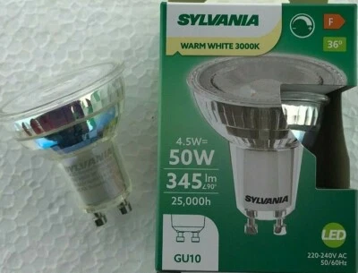 12 pack SYLVANIA GU10 LED 4.5W = 50W 345lm WARM WHITE 3000K DIMMABLE BARGIN - Image 1 of 4