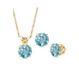 18K Yellow Gold 4ct Created Aquamarine CZ 18 In Necklace and Earrings Plated