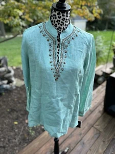 Top de lino Rafaella azul océano con cuentas estilo túnica talla 12p manga larga nuevo G1 - Imagen 1 de 8