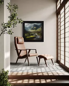 Black Framed Valley Scene Printed Onto Velvet Artwork - Picture 1 of 5