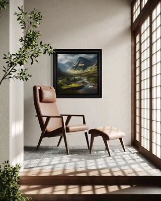 Black Framed Valley Scene Printed Onto Velvet Artwork - Image 1 of 4