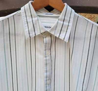 Calvin Klein Mens Shades of Green & White Stripe French Cuff Dress Shirt Large L - Image 1 of 3