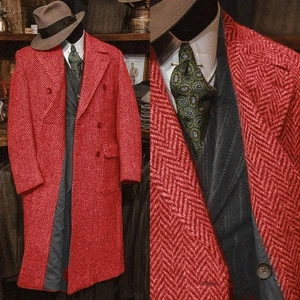 Herringbone Men Overcoats Warm Long Wool Blend Double Breasted Coats Outwear - Picture 1 of 69
