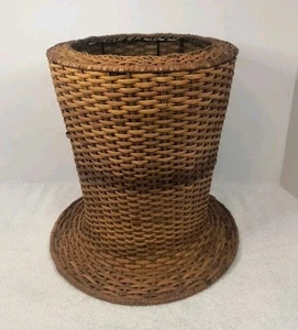 Vintage raro cappello a cilindro rattan vimini metallo paralume bohemien rustico alto 12 pollici - Foto 1 di 13