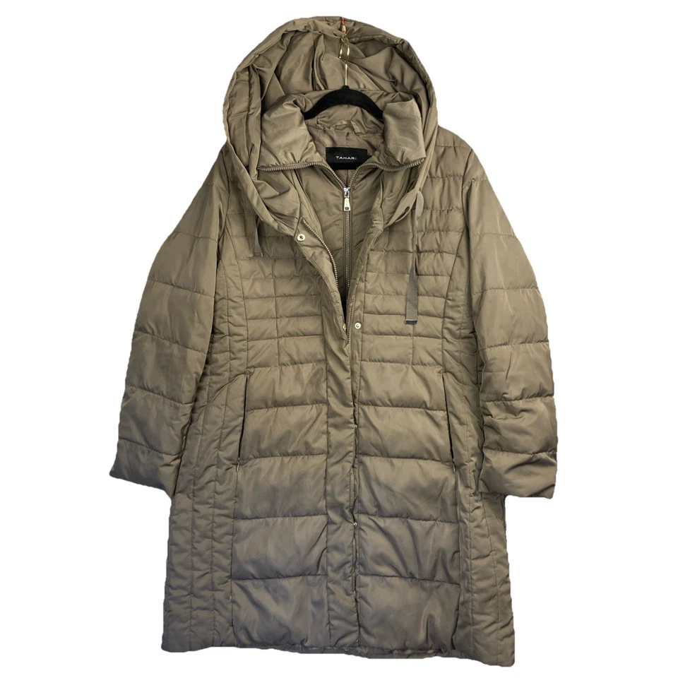Abrigo Tahari Puffer Mujer Grande Plumón Parka Chaqueta Larga Gris Marrón Jacqueline Maxi Foto 1 de 4