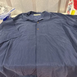 Tommy Bahama Button Up Shirt Short Sleeve Silk 2XL Textured Hawaiian Navy Blue - Picture 1 of 8