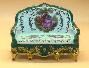 Portagioie/gioielli divano vintage Meissner Limoges Fragonard verde/oro. - Foto 1 di 8