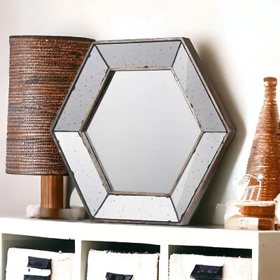 18" Hexagon Wall Mounted Vintage Style Glass Frame Accent Mirror - Image 1 of 4
