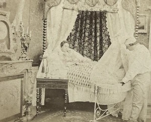 -kammer Schlaf- Paar Stubenwagen Baby c1860 Foto Stereo Vintage Albumin - Bild 1 von 2