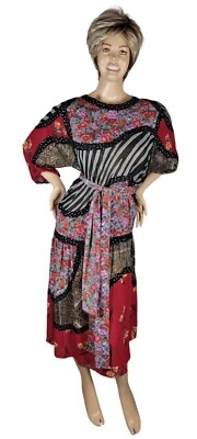 Vestido de Festival Vintage Anos 80 Diane Freis Georgette Floral Patchwork Maxi Midi Boho M/G - Imagem 1 de 4