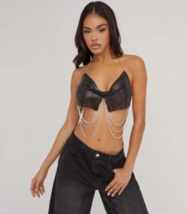 Ego Cowl Neck Multi Chain Crop Top Black Chainmail S - Picture 1 of 1