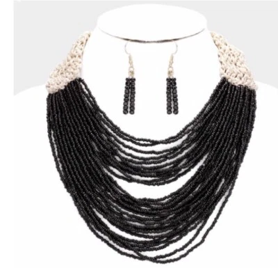 Collar Negro Grueso Multi Hilo Capas Semilla Cuentas Conjunto de Joyería Foto 1 de 4