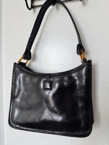 Vtg Cole Haan Black Patent Leather Purse With Brown Lucite Hardware Toggle Close - Picture 1 of 16