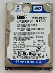 WD5000BEVT-220RT0, DCM: DACVJAB, NOV 2010, Western Digital 500Gb 2.5" Sata HDD - Imagen 1 de 2