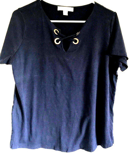 Camicia top blusa Michael Kors blu navy pizzo davanti cotone manica corta L corsetto