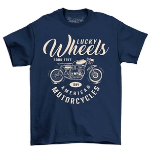 Lucky wheels American Motorcycle Men's T-Shirt Vintage Mens Motorbike Shirt - Picture 1 of 6