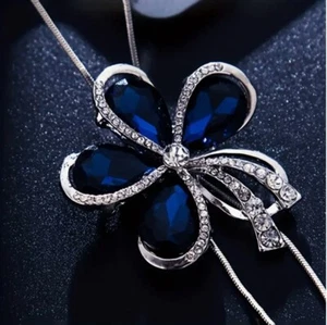 BLUE AND WHITE CRYSTAL FLOWER PENDANT LONG CHAIN PERFECT GIFT - Picture 1 of 5