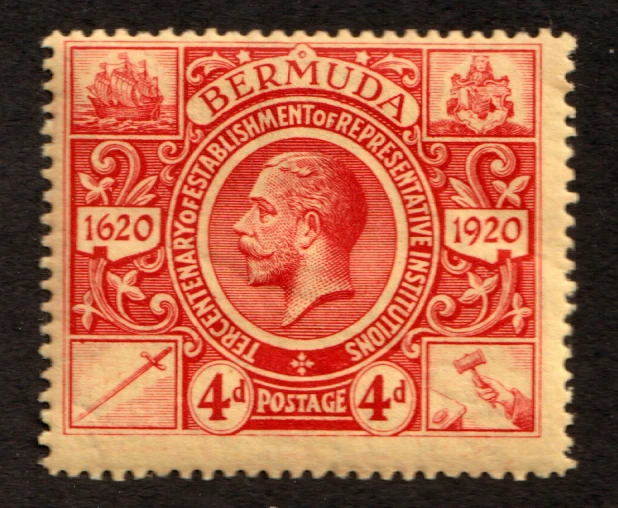Bermudas 1920 Sc #77 - Cuatro peniques, tricentenario de la institución - sello MH Cv $20 Foto 1 de 1
