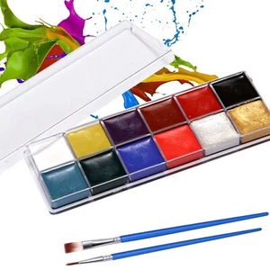 12 Colours Face n Body Paint Palette + 2 Brushes Halloween Stage Party Art Play - Picture 1 of 8