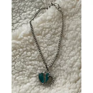 Silver Tone Heart Shaped Blue Crystal Rhinestone Pendant Chain Link Bracelet - Picture 1 of 12