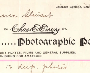 Colorado Springs Charles E Emeny Photographer Studio Invoice - Picture 1 of 3