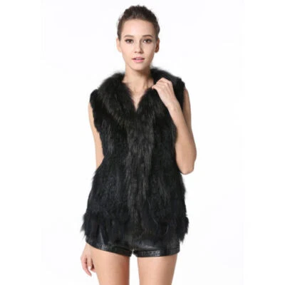 Women Real Rabbit Fur Vest Gilets Raccoon Fur Collar Waistcoat Tassel Pockets - Image 1 of 4