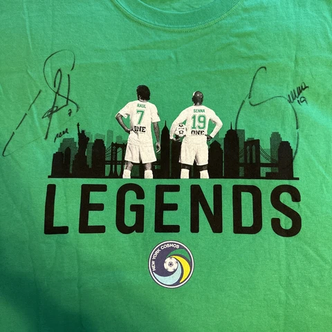 Raul & Marcos Senna Autographed New York Cosmos Shirt + FREE Carlos Mendes Shirt Cover