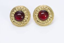 CHANEL Paris 1980’s Gold Plated Red GRIPOIX Glass Round Earrings