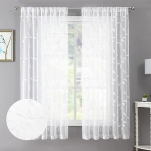 White Leaf Sheer Curtains Leaves Embroidered Living Room Short Curtain Rod - Picture 1 of 10