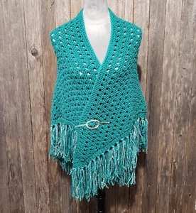NEW Jade Green Shawl Scarf Wrap Boho Fringed Eyelet Hand Knit Knitted Fringe - Picture 1 of 7