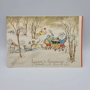 Vintage Seasons Greetings Christmas Card Horse Drawn Carriage Signed - Picture 1 of 6