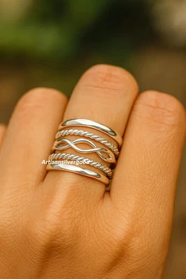 Sterling Silver Stacking Ring Set | Boho Rings Set for Women | Unique  All Size - Image 1 of 4