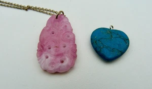 Vintage Jewellery Carved Pink Jade pendant + Turquoise Heart 925 Silver chain - Picture 1 of 4