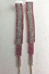 Seven Strand Pink & Green Rhinestone Tassel Drop Earrings Long Statement Dangle - Picture 1 of 6