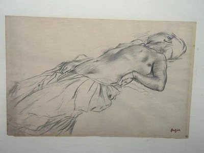 Impresión artística de Edgar Degas dibujo “Mujer desnuda acostada sobre espalda” firmada roja Foto 1 de 4