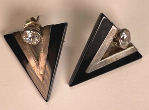 Orecchini triangolari vintage argento sterling 925 onice pietra trasparente - Foto 1 di 4