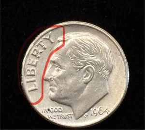 1964 D Roosevelt Dime Mint Error - Ragged Edge, word Liberty distressed. - Picture 1 of 4